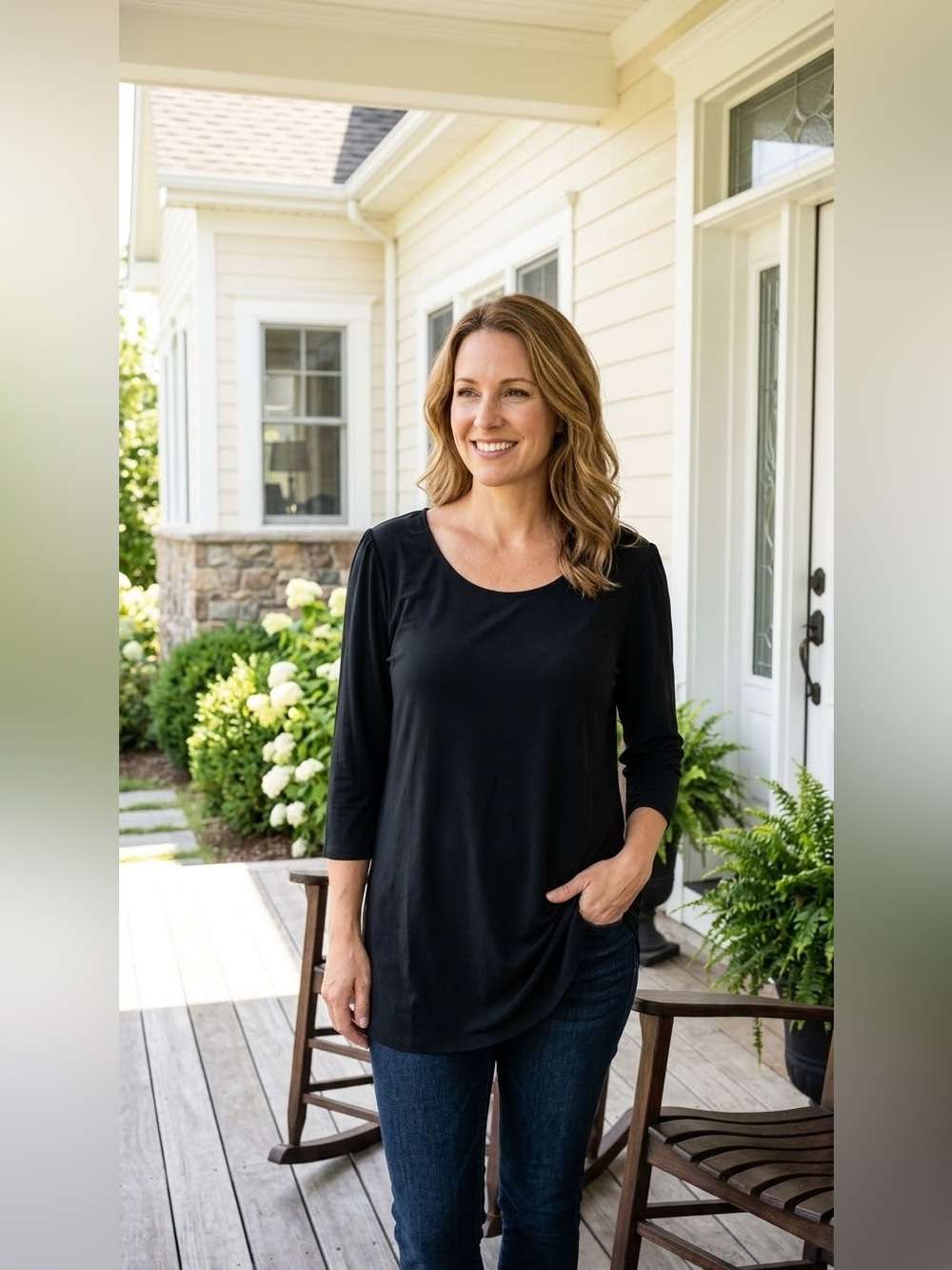 Attitudes Women’s Solid Tunic Top Knit Scoop Neck 3/4 Sleeve Black PXL NEW